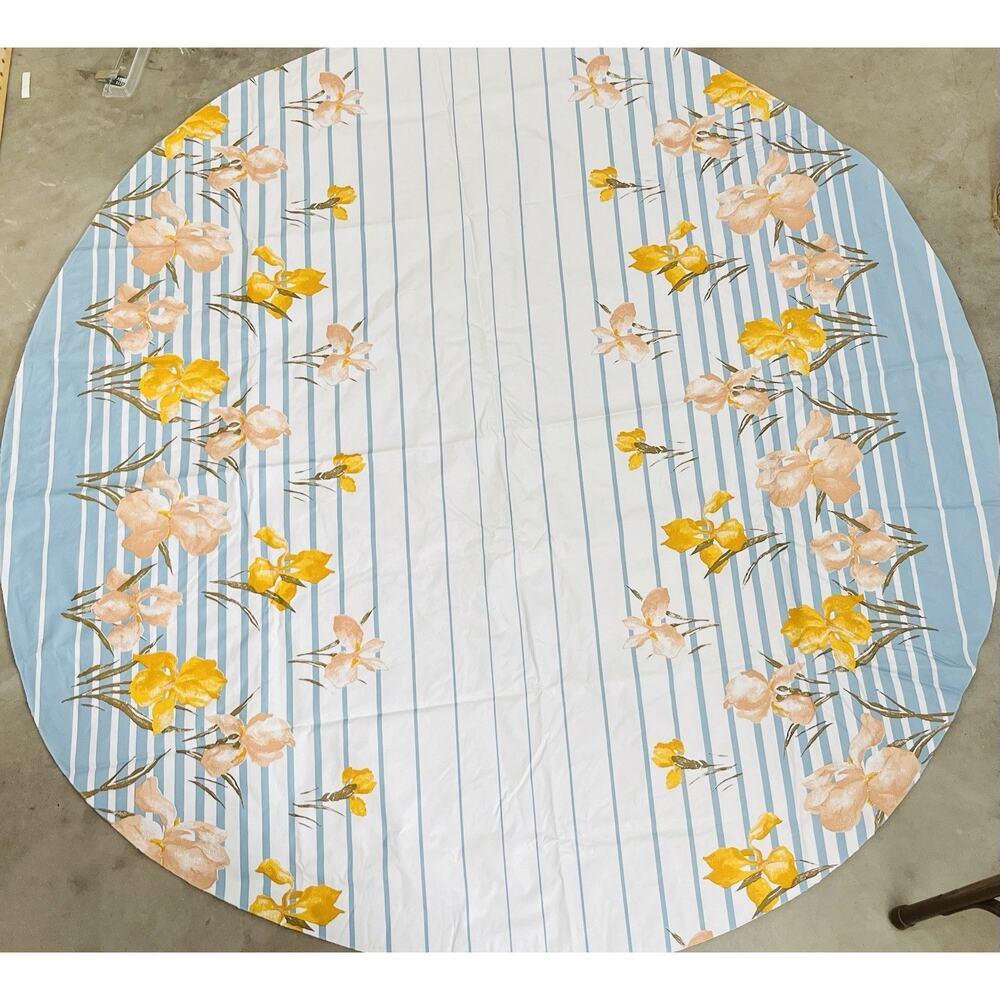 Vinyl Flannel Back Tablecloth Round IRIS FLOWER Yellow Pink Blue Stripes Vintage